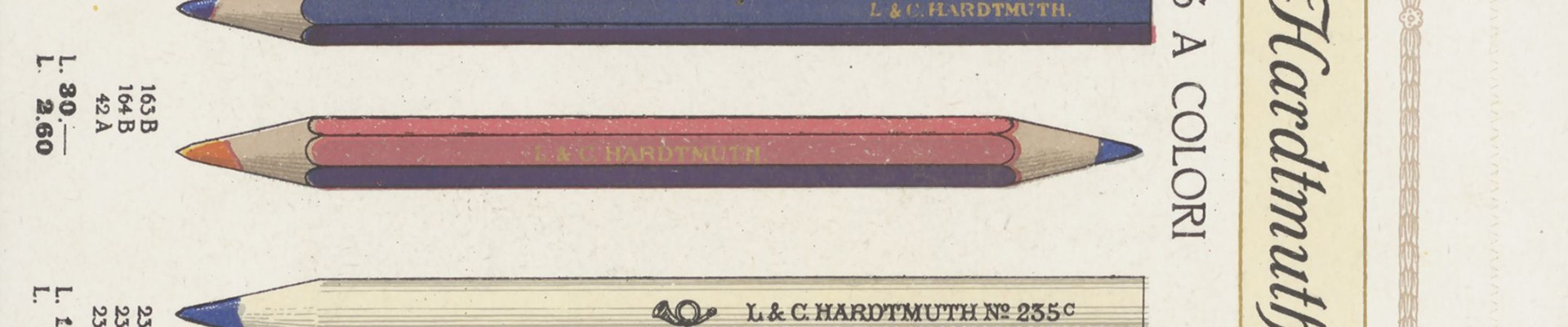 Werbeprospekt der Firma L. C. Hardtmuth  um 1930. Der Ausschnitt zeigt drei Buntstifte: 